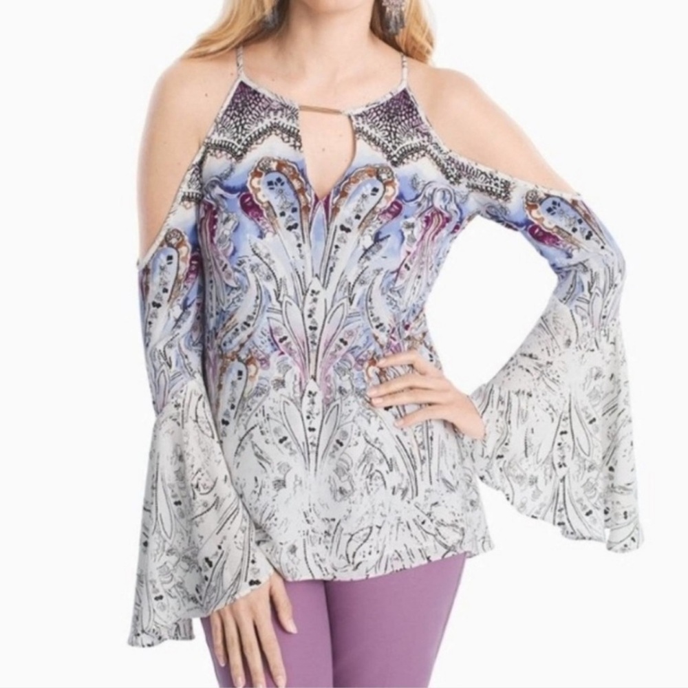 WHITE HOUSE BLACK MARKET Blouse Big Bell Sleeves Cold Shoulder Lined Top… - Picture 2 of 9